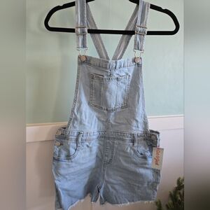 Cat & Jack Light Wash Denim Overalls Youth XXL (18) Bibbed Shorts Raw Hems Blue